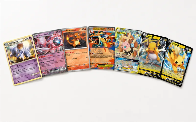 Leque de cartas Pokémon TCG abertas sobre superfície clara