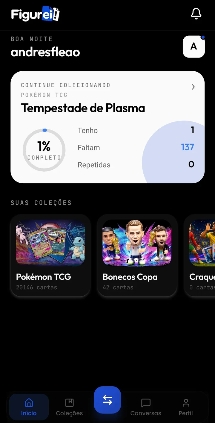 Tela inicial do Figurei! — coleções de cartas Pokémon TCG e progresso do álbum