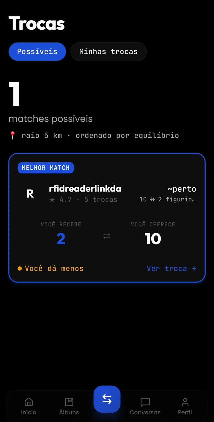 Tela Trocas do Figurei! — matches possíveis dentro do raio escolhido