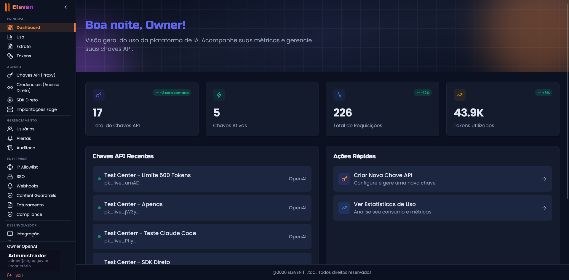 Dashboard — KPIs e chaves API do Adapt11