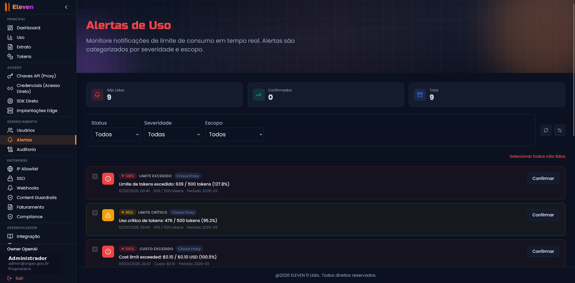 Alertas de uso em tempo real no Adapt11